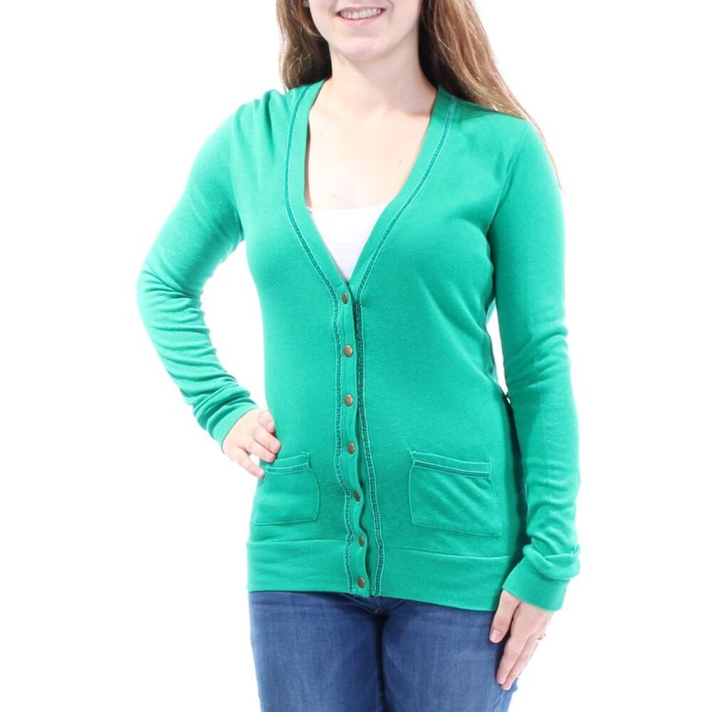 COLOR STORY Womens Green Pocketed Long Sleeve V Neck Sweater Size: M